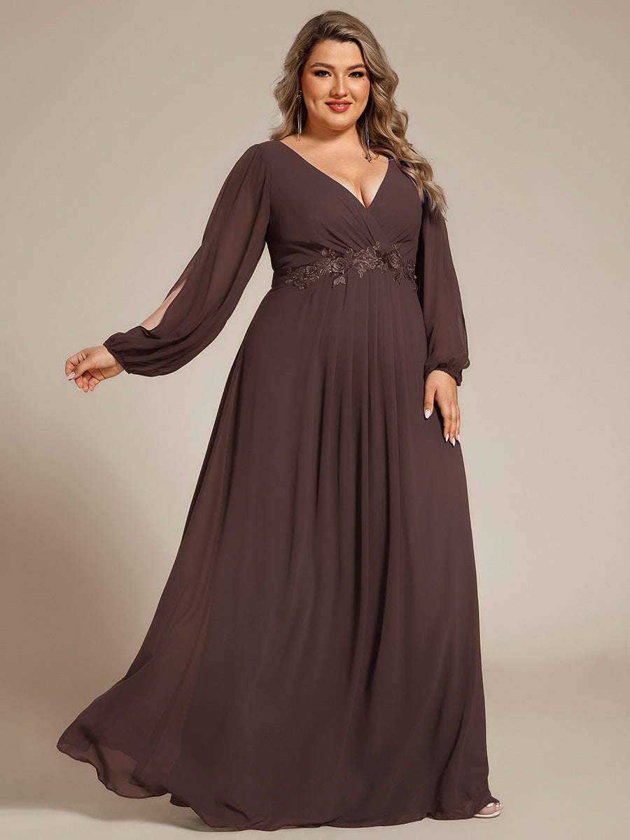 ever AMOUR|Elegant Chiffon V-Neckline Long Sleeve Wedding Guest Dress