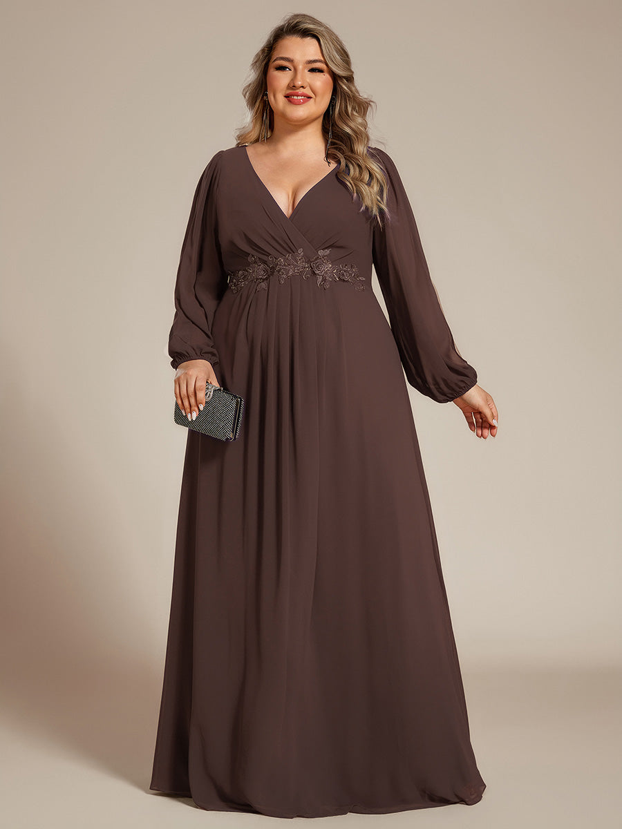 ever AMOUR|Elegant Chiffon V-Neckline Long Sleeve Formal Evening Dress