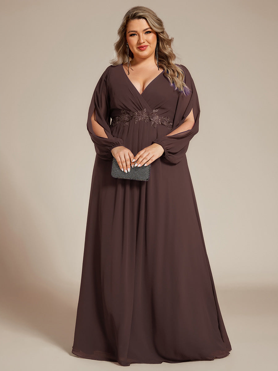 ever AMOUR|Elegant Chiffon V-Neckline Long Sleeve Wedding Guest Dress