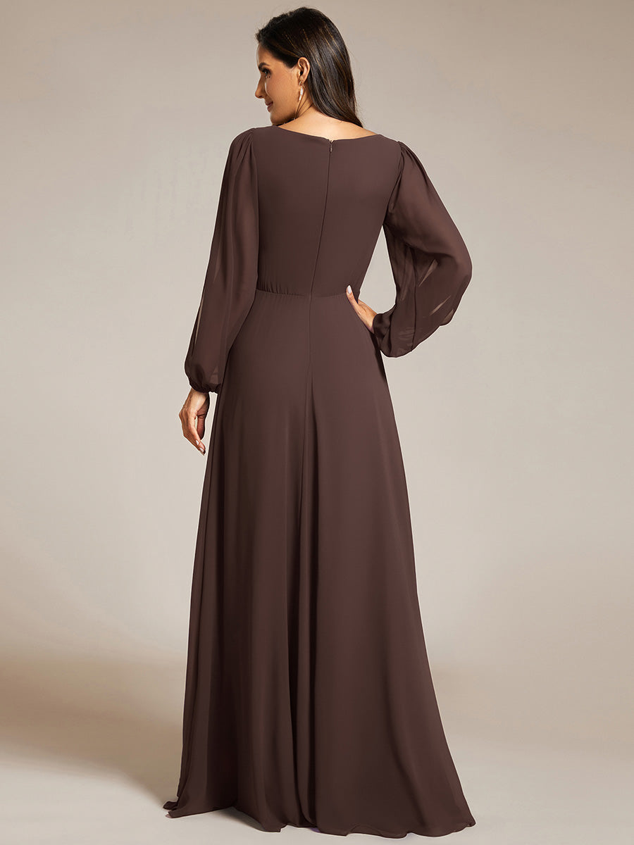ever AMOUR|Elegant Chiffon V-Neckline Long Sleeve Wedding Guest Dress