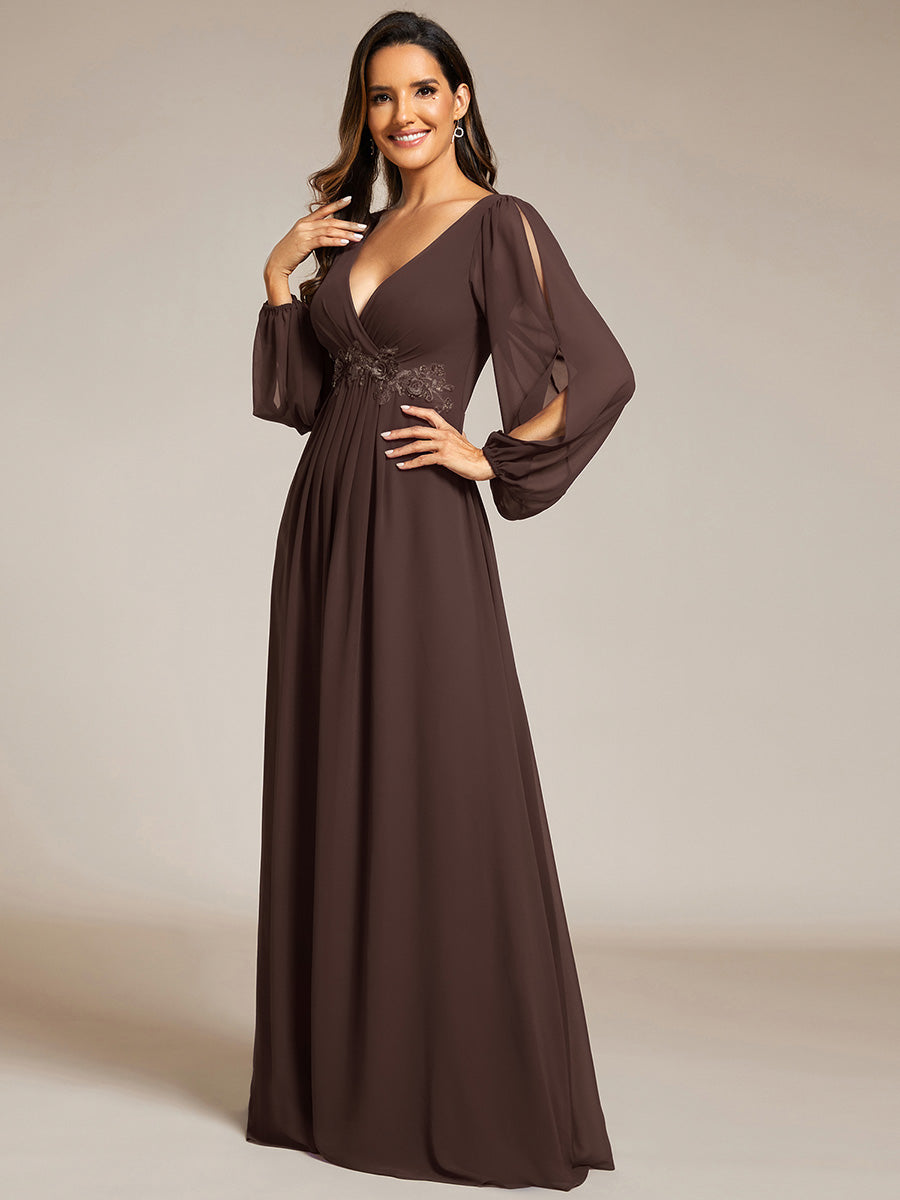 ever AMOUR|Elegant Chiffon V-Neckline Long Sleeve Wedding Guest Dress
