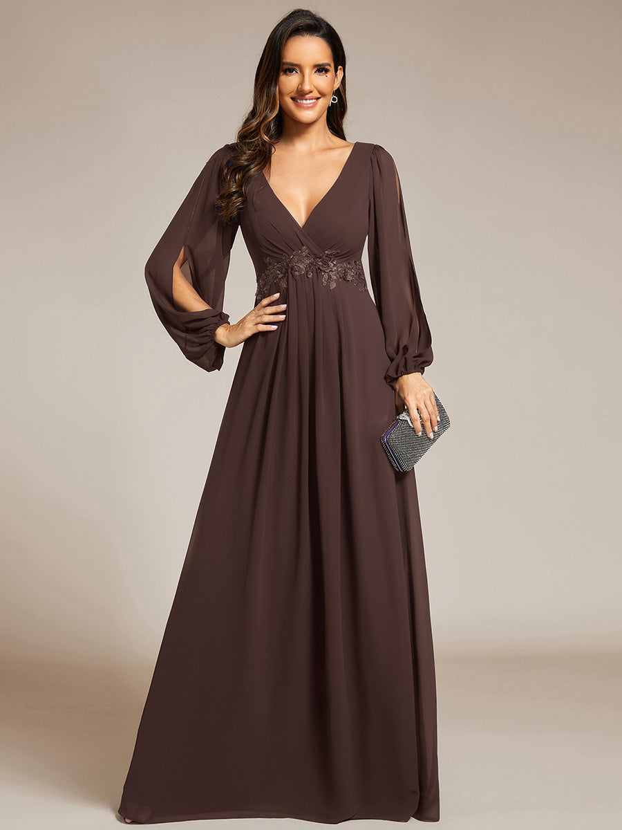 ever AMOUR|Elegant Chiffon V-Neckline Long Sleeve Wedding Guest Dress