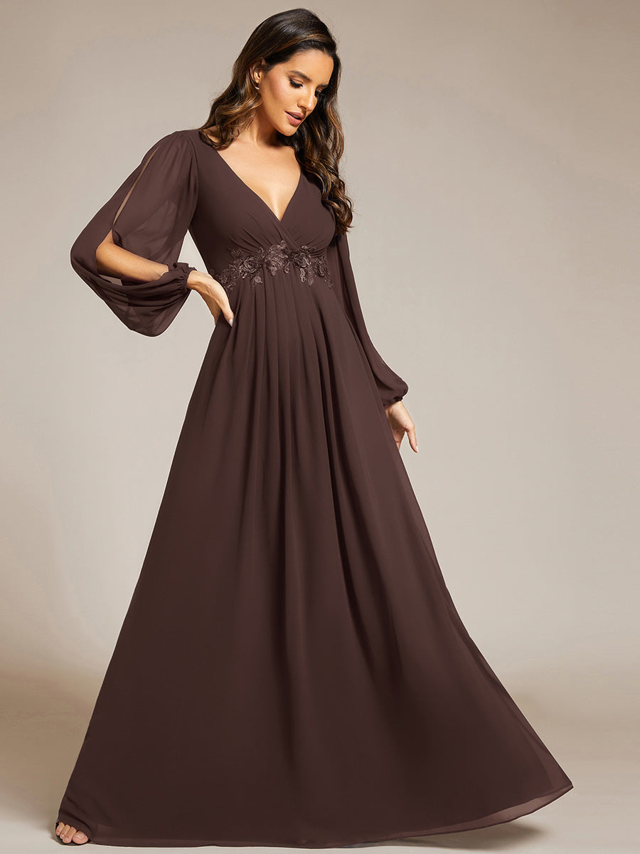 ever AMOUR|Elegant Chiffon V-Neckline Long Sleeve Formal Evening Dress