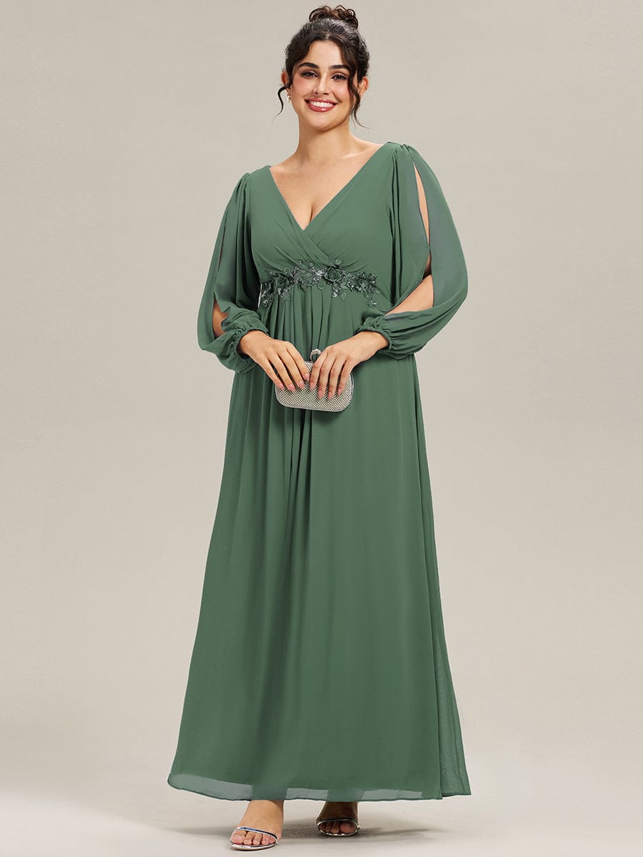 ever AMOUR|Elegant Chiffon V-Neckline Long Sleeve Formal Evening Dress