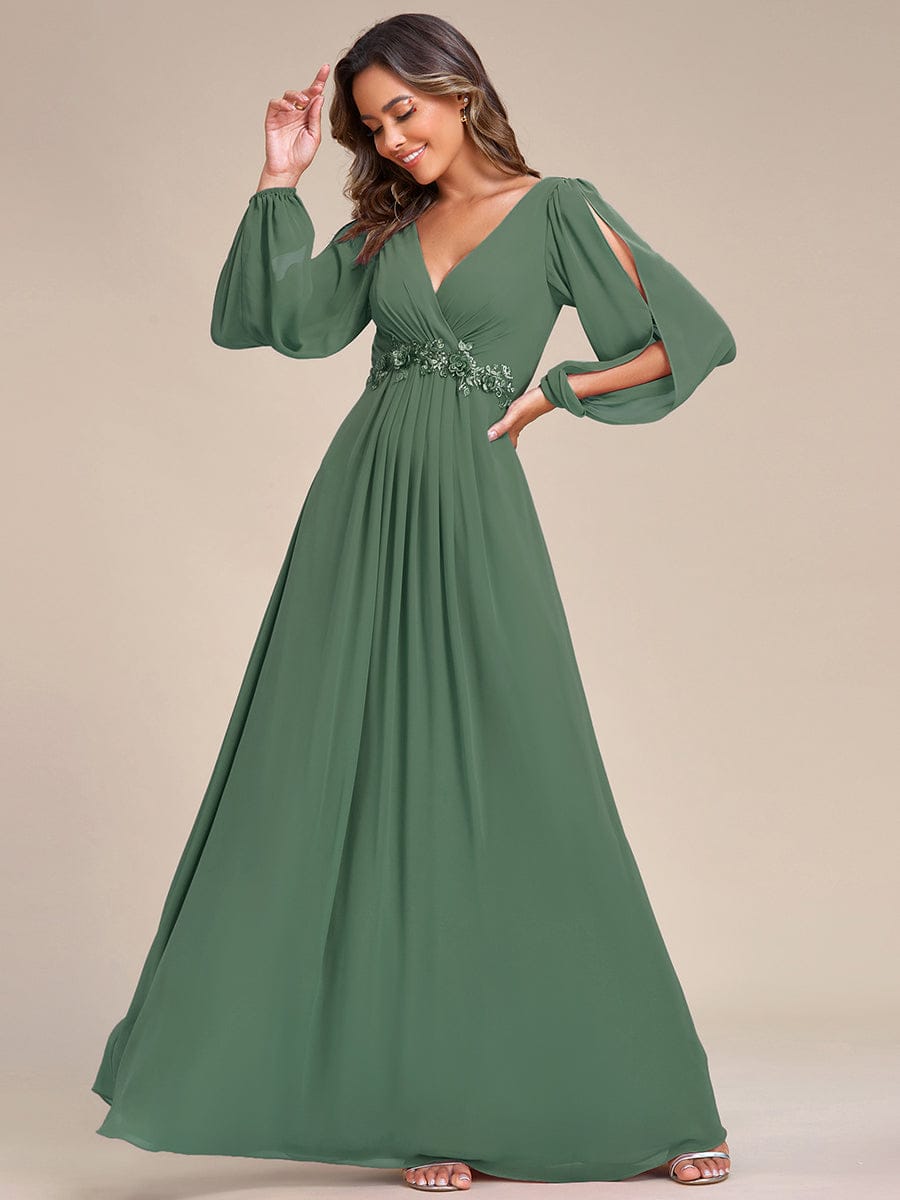 ever AMOUR|Elegant Chiffon V-Neckline Long Sleeve Wedding Guest Dress
