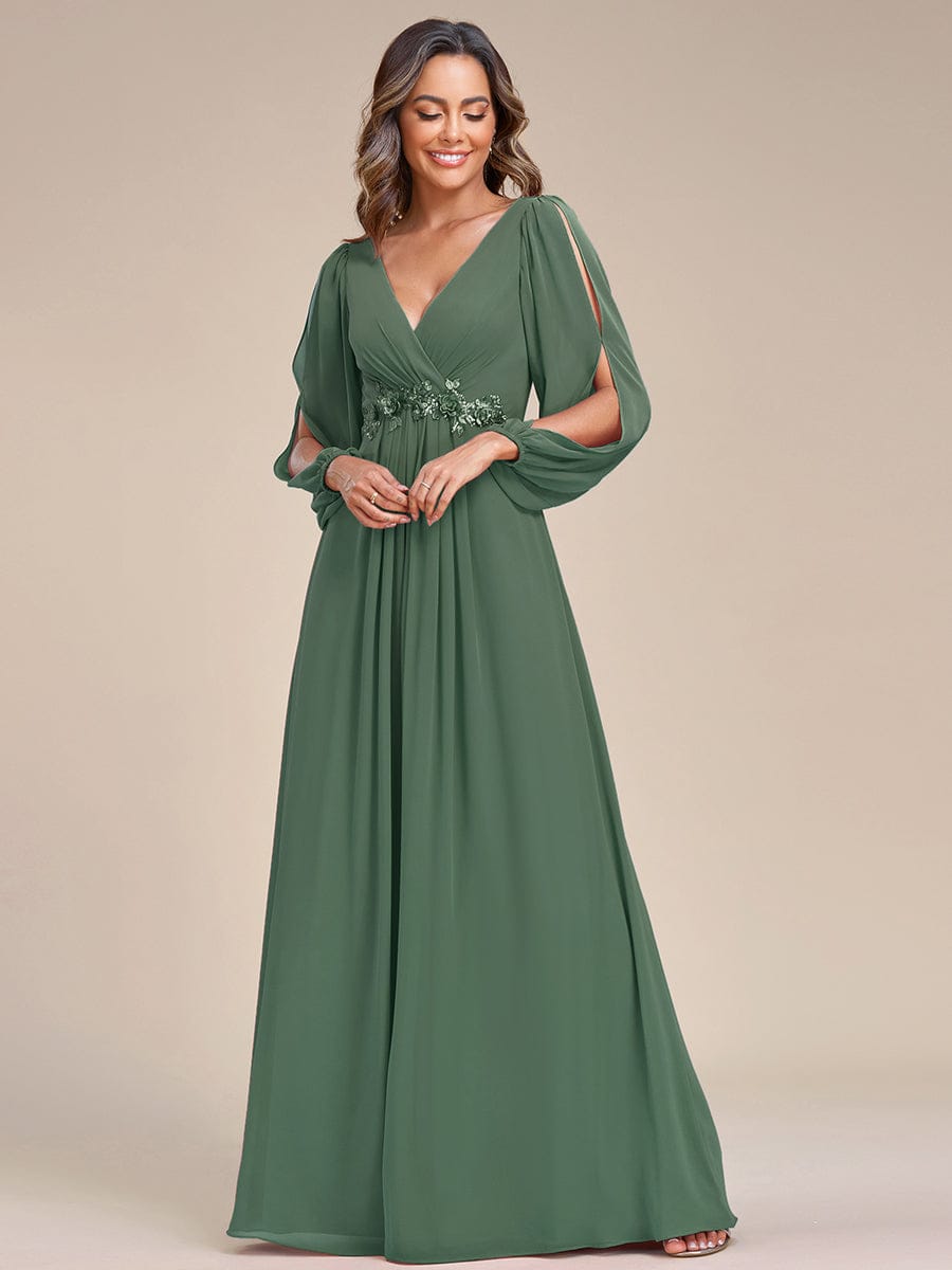 ever AMOUR|Elegant Chiffon V-Neckline Long Sleeve Wedding Guest Dress