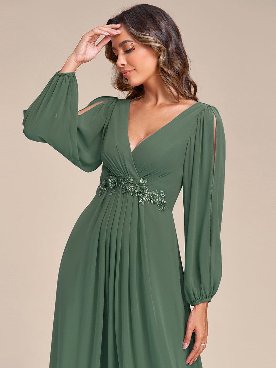 ever AMOUR|Elegant Chiffon V-Neckline Long Sleeve Wedding Guest Dress