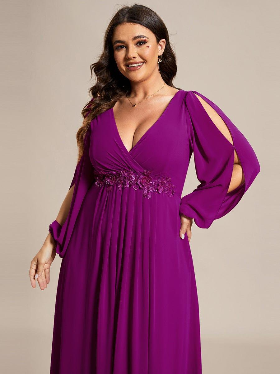 ever AMOUR|Elegant Chiffon V-Neckline Long Sleeve Wedding Guest Dress