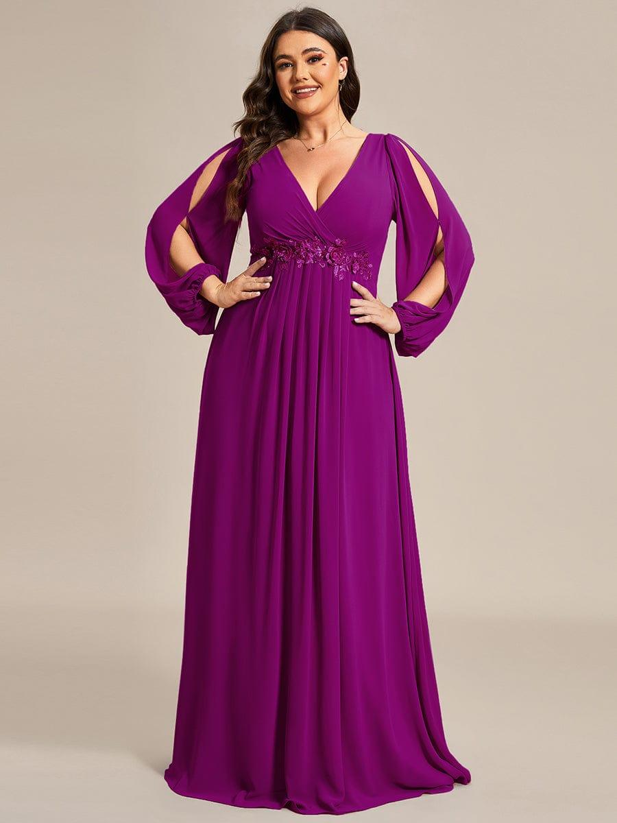 ever AMOUR|Elegant Chiffon V-Neckline Long Sleeve Wedding Guest Dress