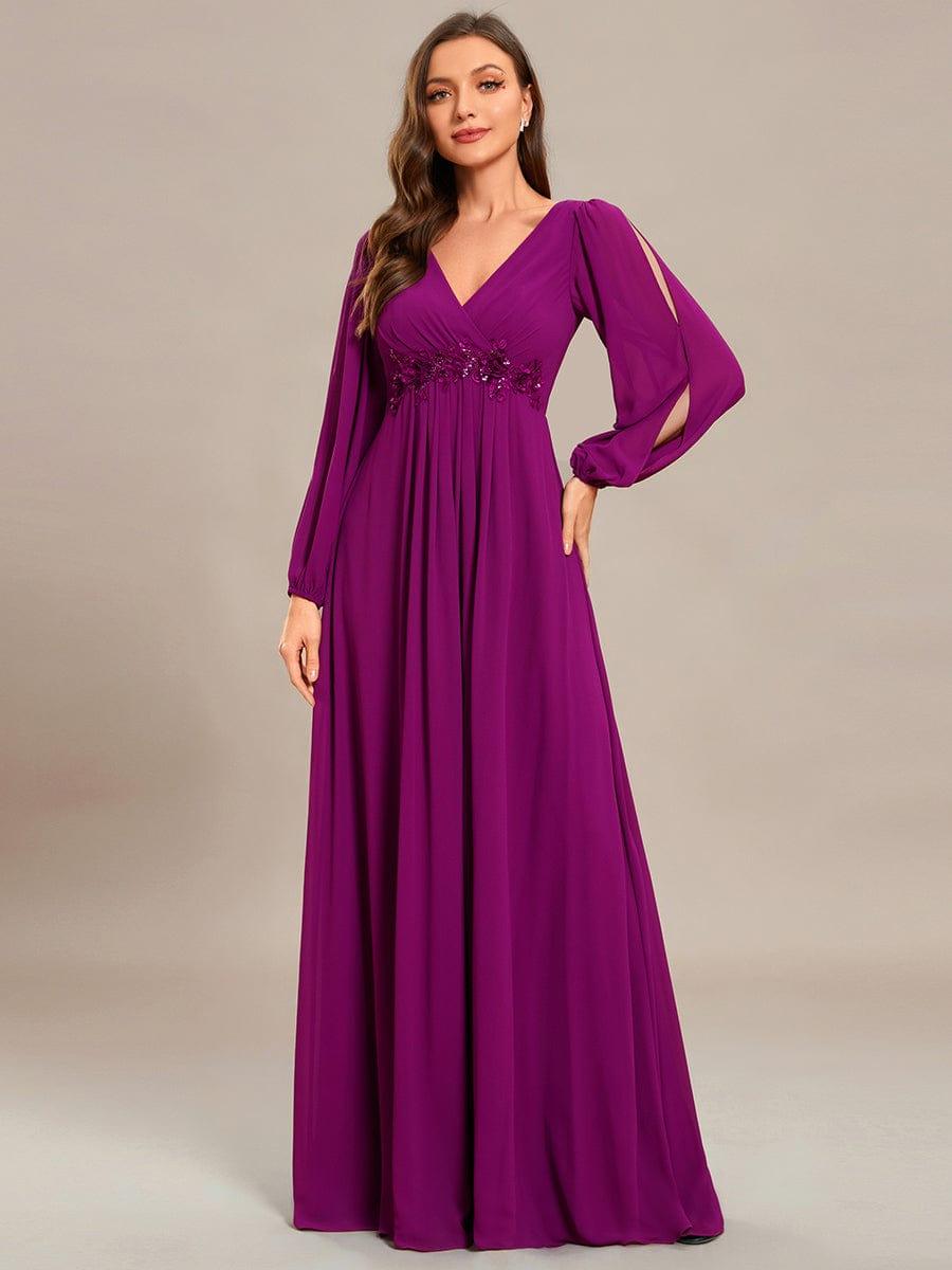 ever AMOUR|Elegant Chiffon V-Neckline Long Sleeve Wedding Guest Dress