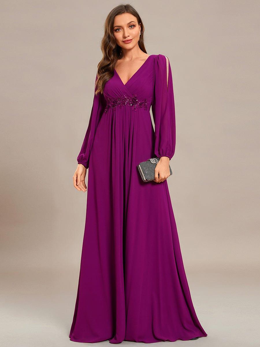 ever AMOUR|Elegant Chiffon V-Neckline Long Sleeve Wedding Guest Dress