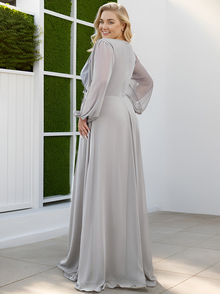 ever AMOUR|Elegant Chiffon V-Neckline Long Sleeve Formal Evening Dress