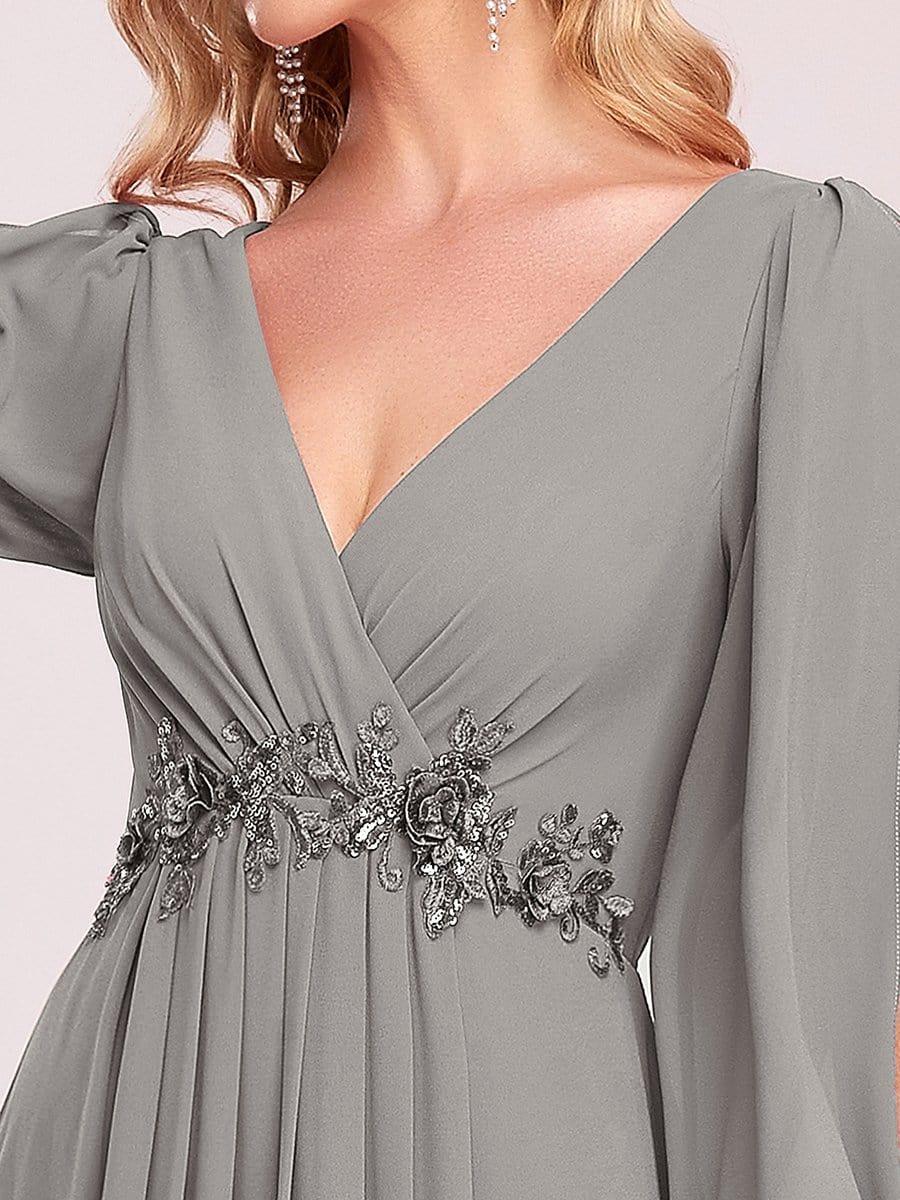 ever AMOUR|Elegant Chiffon V-Neckline Long Sleeve Wedding Guest Dress
