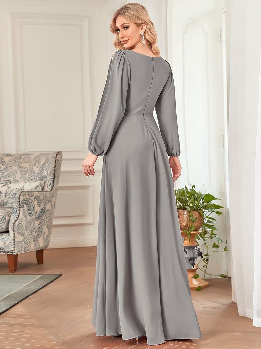ever AMOUR|Elegant Chiffon V-Neckline Long Sleeve Wedding Guest Dress