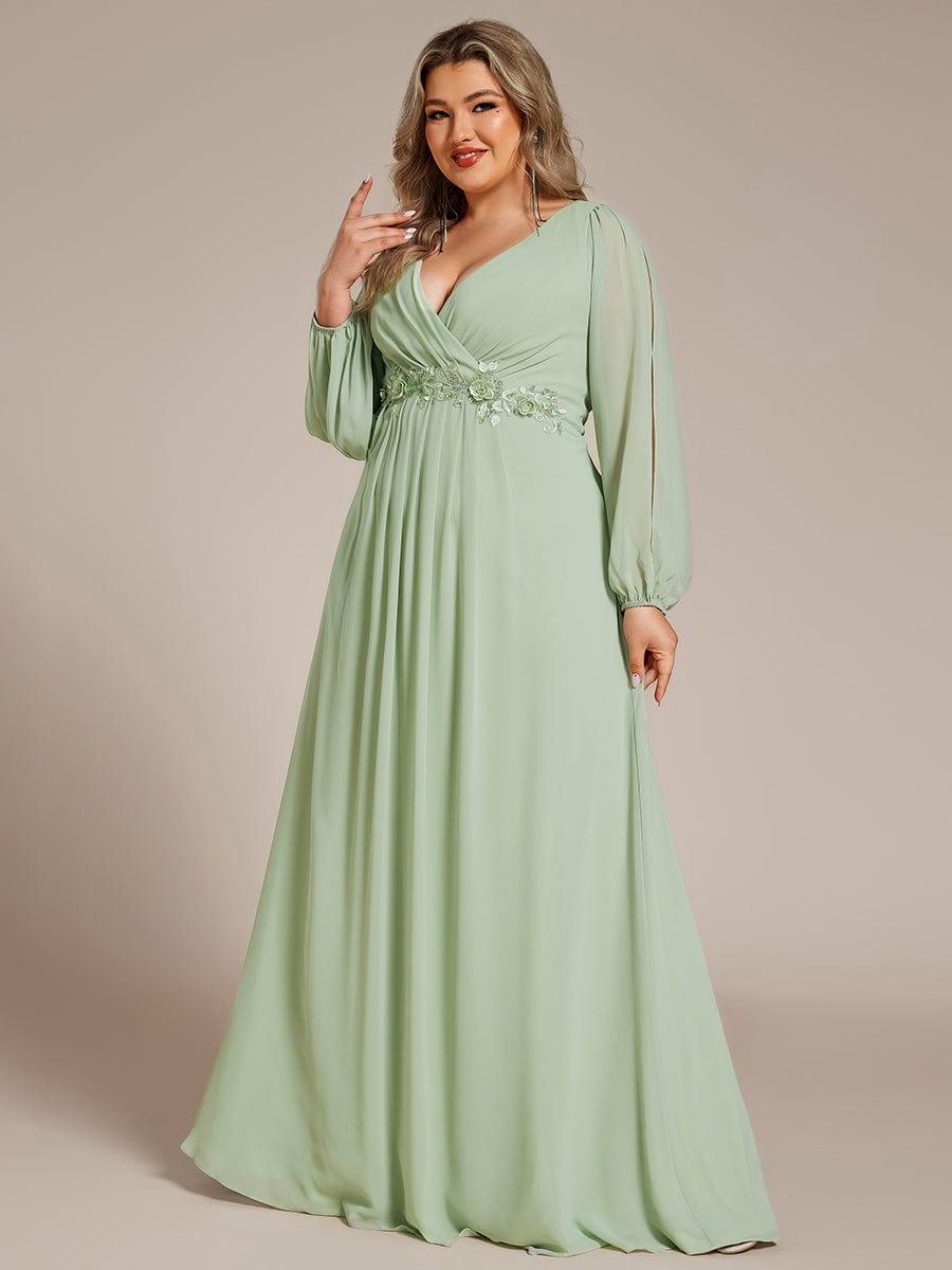 ever AMOUR|Elegant Chiffon V-Neckline Long Sleeve Wedding Guest Dress