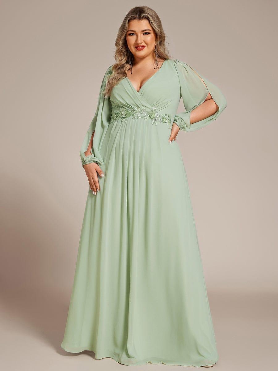 ever AMOUR|Elegant Chiffon V-Neckline Long Sleeve Wedding Guest Dress