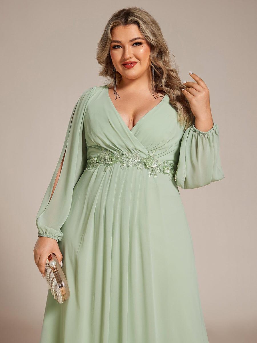 ever AMOUR|Elegant Chiffon V-Neckline Long Sleeve Wedding Guest Dress