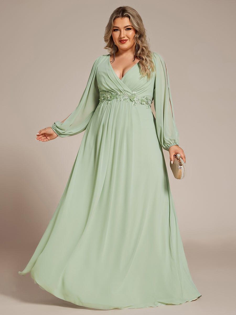 ever AMOUR|Elegant Chiffon V-Neckline Long Sleeve Wedding Guest Dress