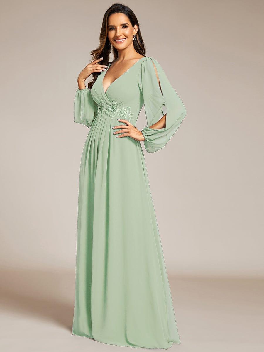ever AMOUR|Elegant Chiffon V-Neckline Long Sleeve Wedding Guest Dress