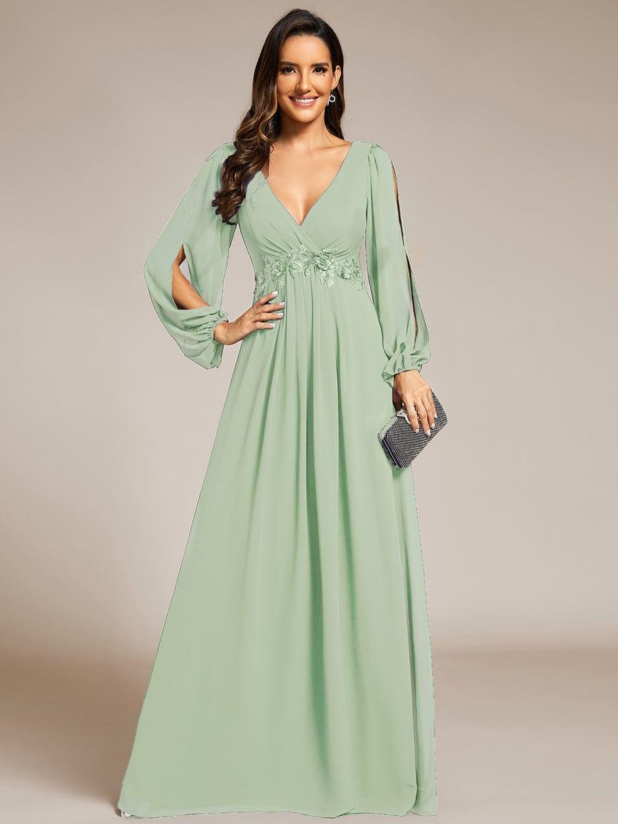 ever AMOUR|Elegant Chiffon V-Neckline Long Sleeve Wedding Guest Dress