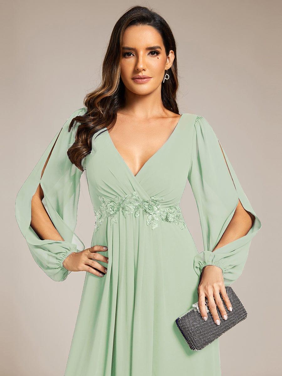 ever AMOUR|Elegant Chiffon V-Neckline Long Sleeve Wedding Guest Dress