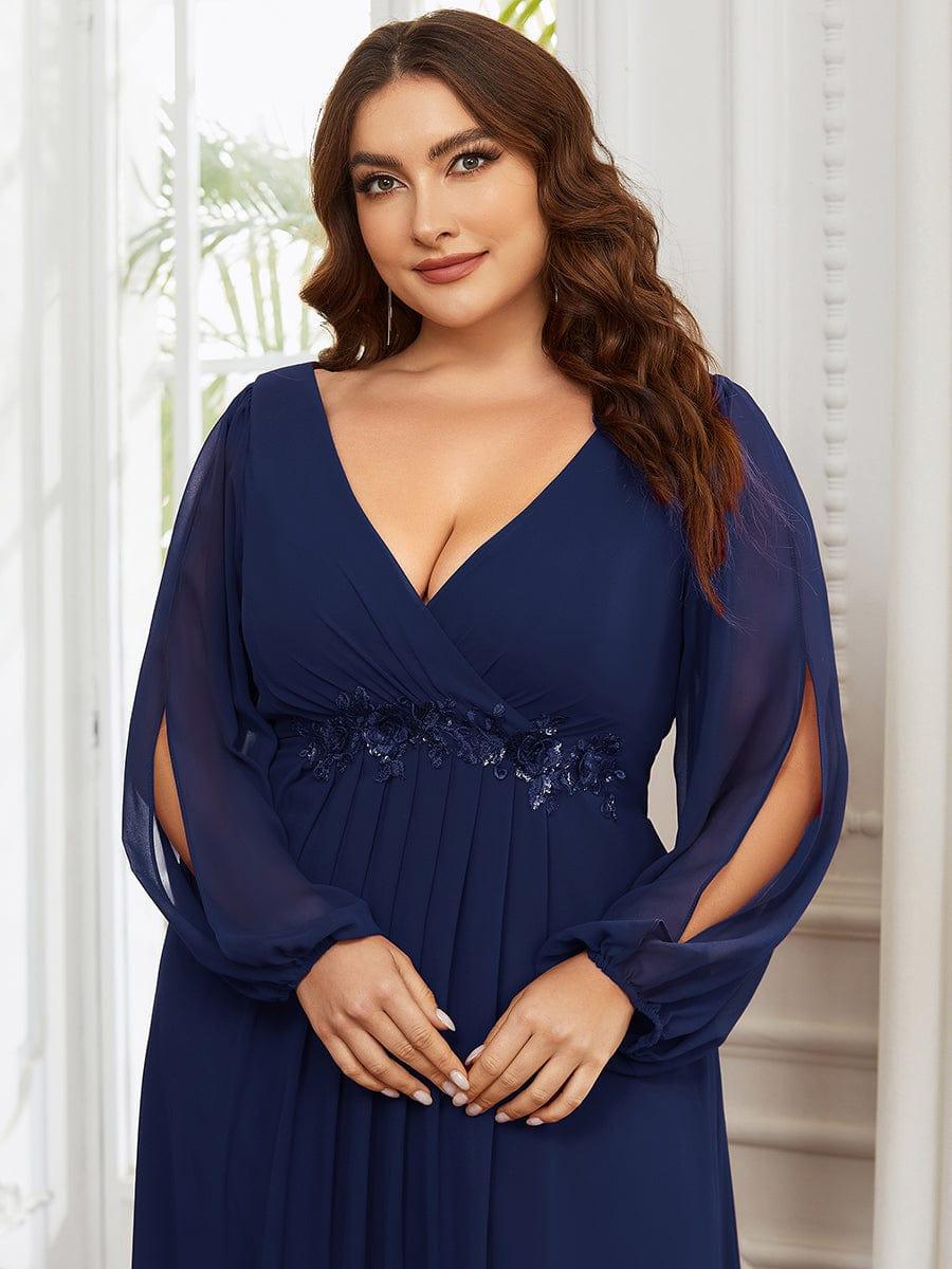 ever AMOUR|Elegant Chiffon V-Neckline Long Sleeve Wedding Guest Dress