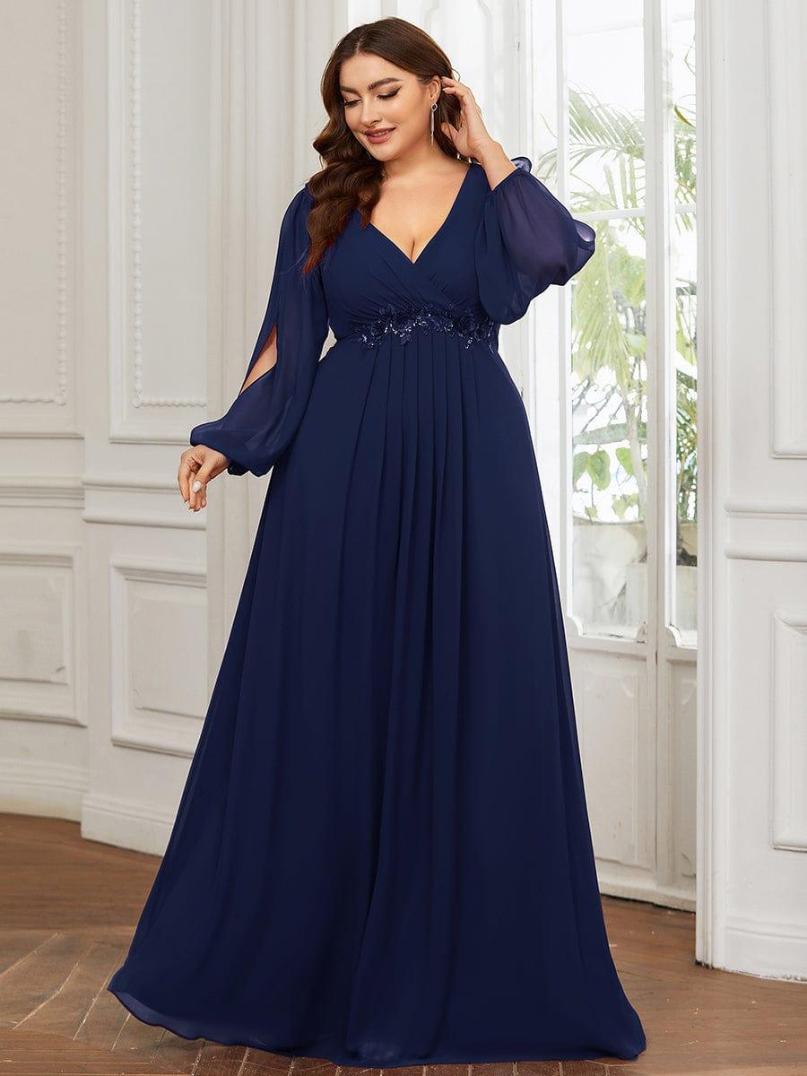 ever AMOUR|Elegant Chiffon V-Neckline Long Sleeve Wedding Guest Dress