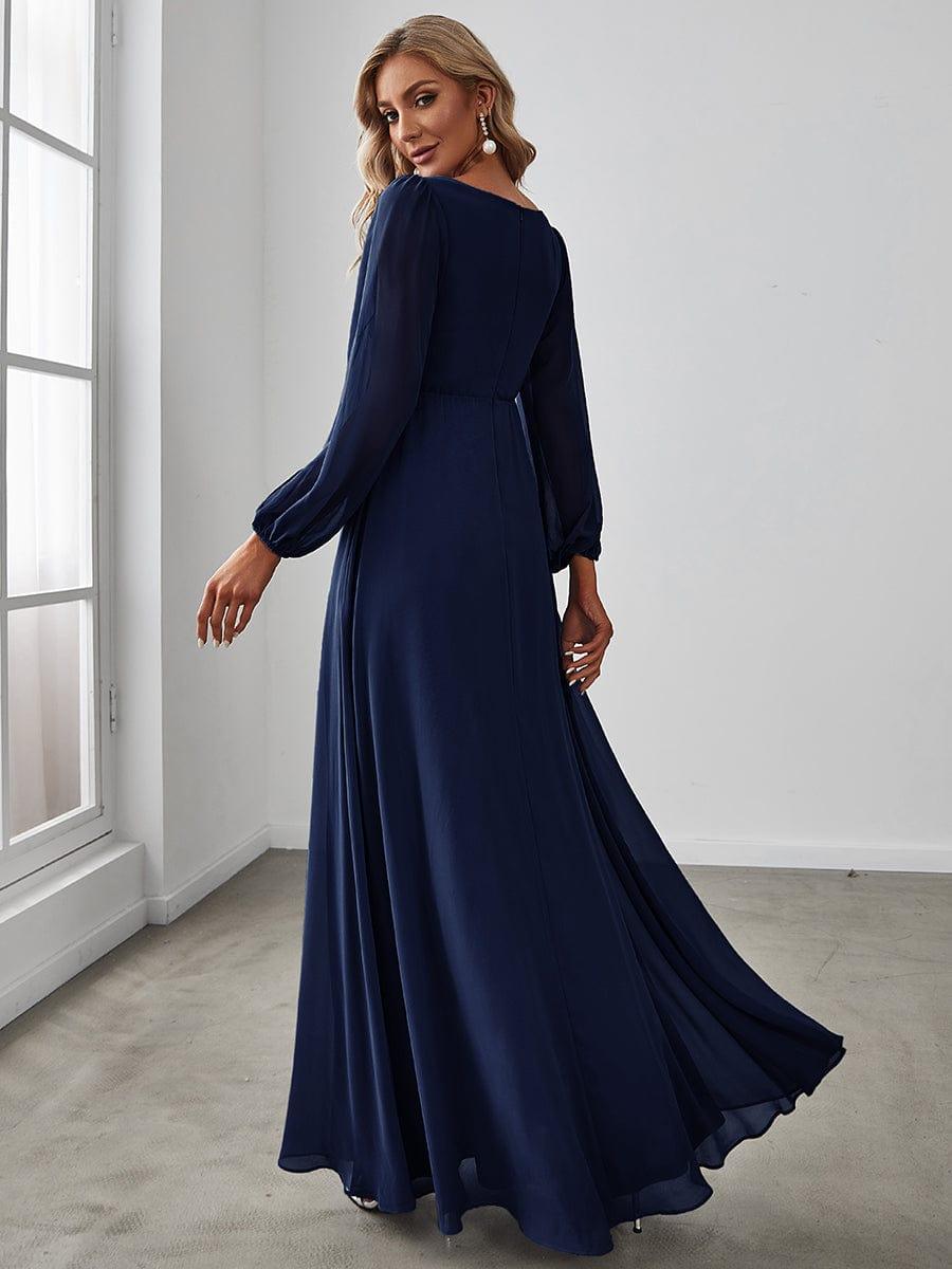 ever AMOUR|Elegant Chiffon V-Neckline Long Sleeve Wedding Guest Dress