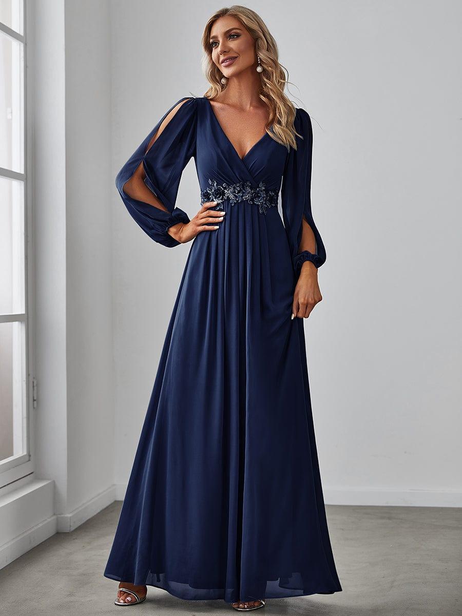 ever AMOUR|Elegant Chiffon V-Neckline Long Sleeve Wedding Guest Dress