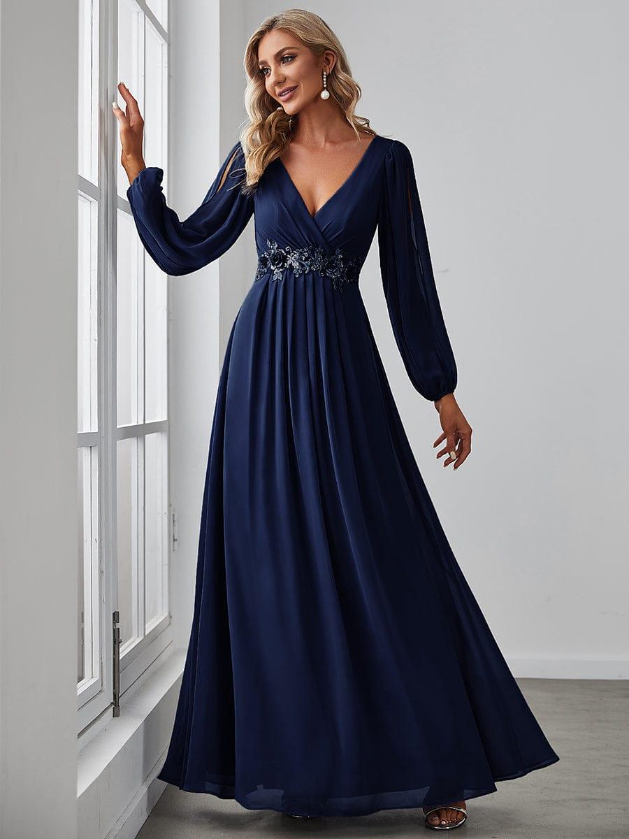 ever AMOUR|Elegant Chiffon V-Neckline Long Sleeve Wedding Guest Dress