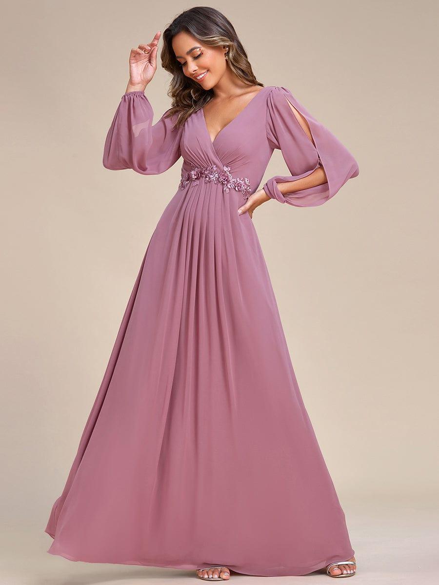 ever AMOUR|Elegant Chiffon V-Neckline Long Sleeve Wedding Guest Dress
