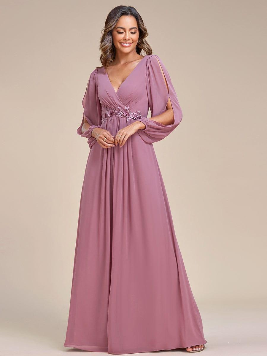 ever AMOUR|Elegant Chiffon V-Neckline Long Sleeve Wedding Guest Dress