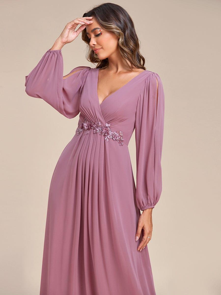ever AMOUR|Elegant Chiffon V-Neckline Long Sleeve Wedding Guest Dress