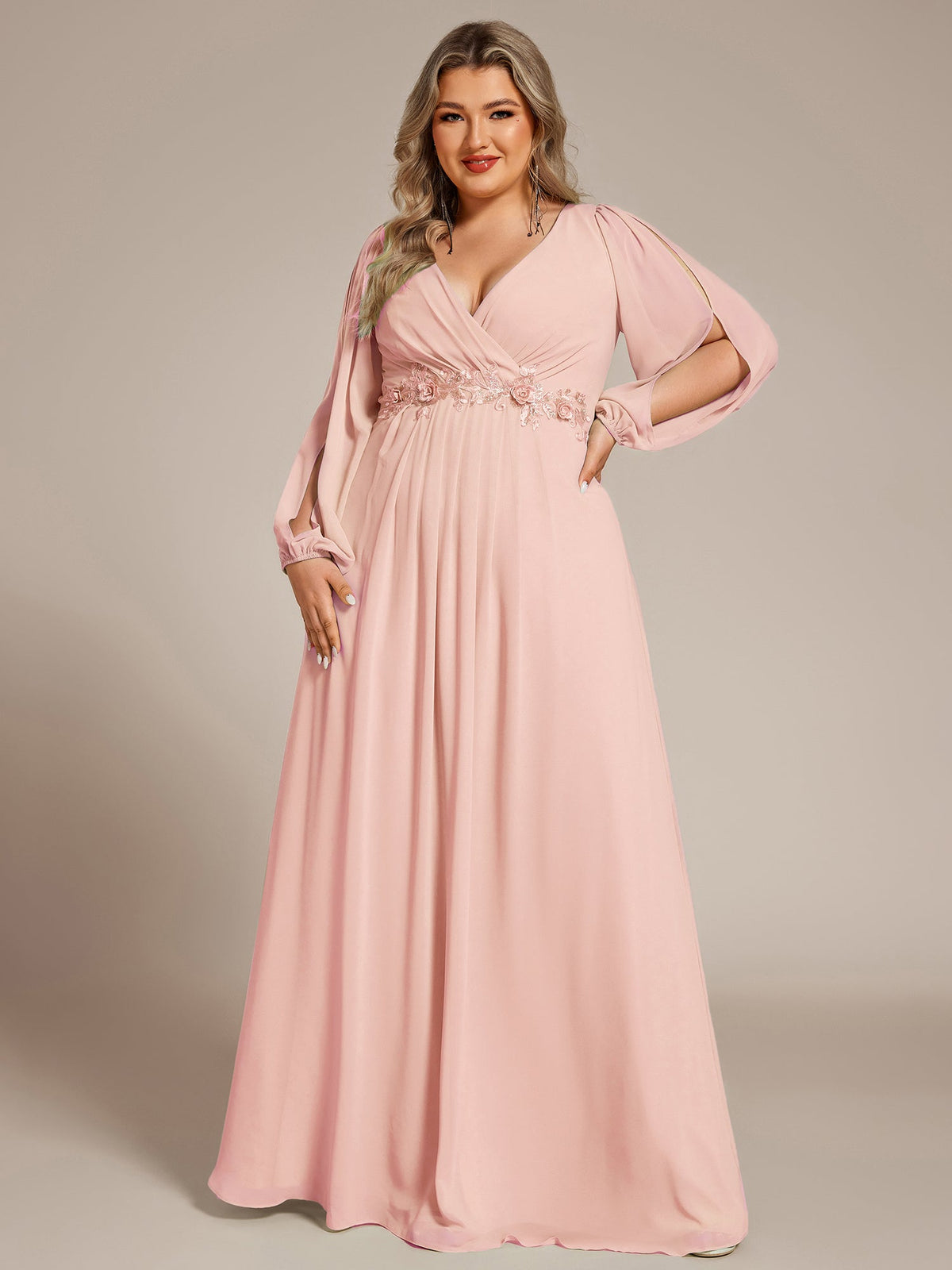 ever AMOUR|Elegant Chiffon V-Neckline Long Sleeve Formal Evening Dress