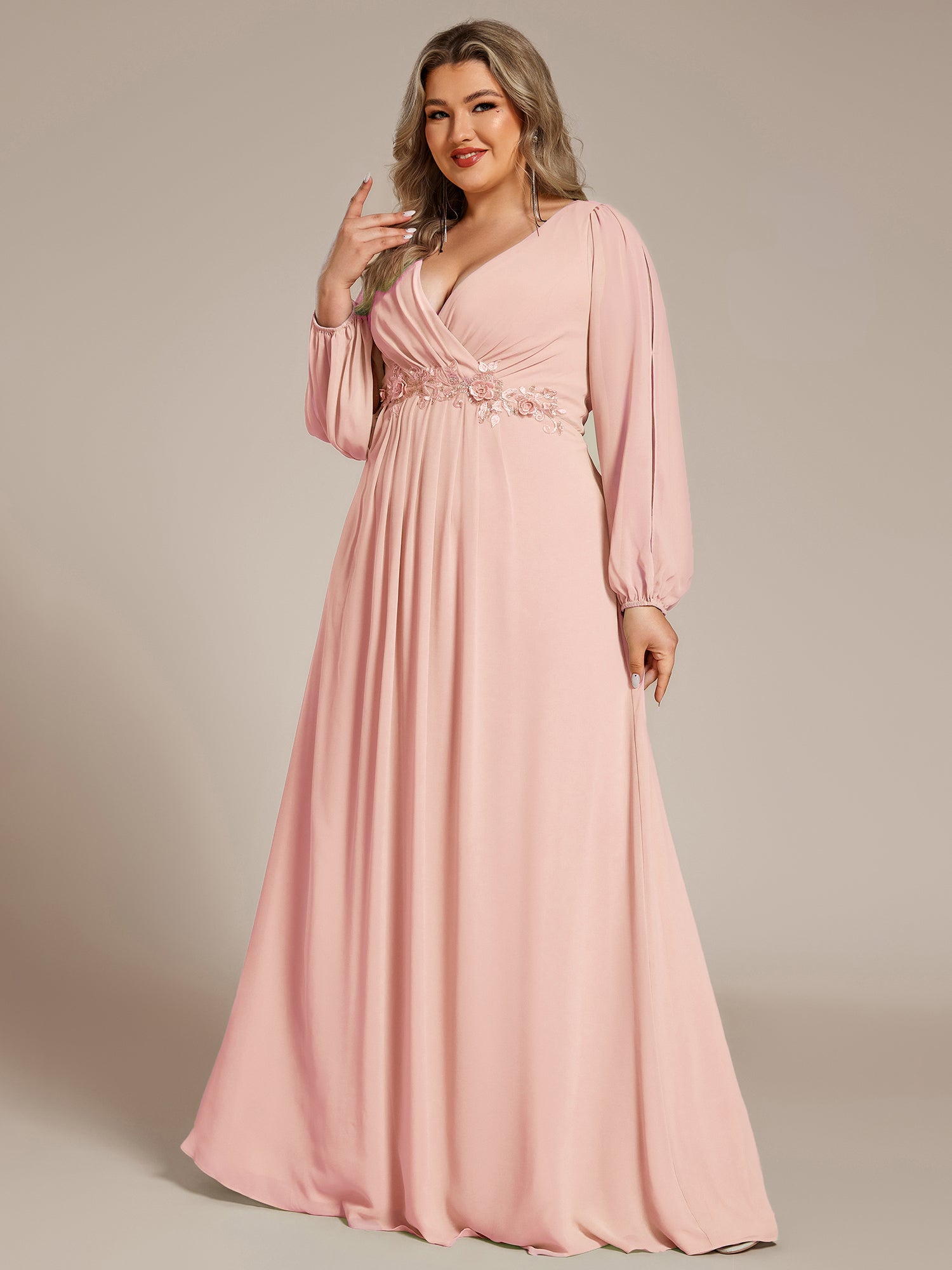 ever AMOUR|Elegant Chiffon V-Neckline Long Sleeve Wedding Guest Dress