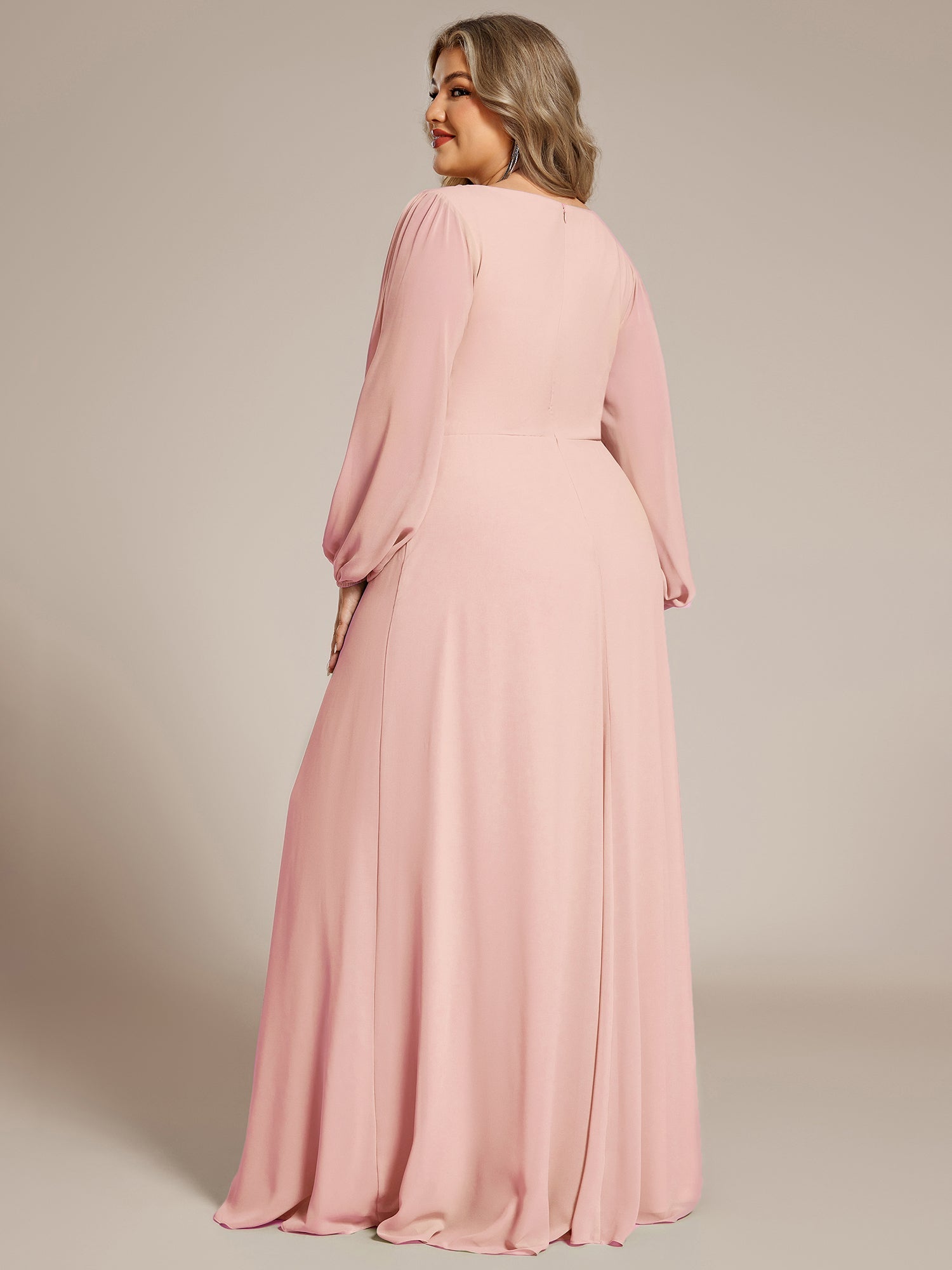 ever AMOUR|Elegant Chiffon V-Neckline Long Sleeve Formal Evening Dress