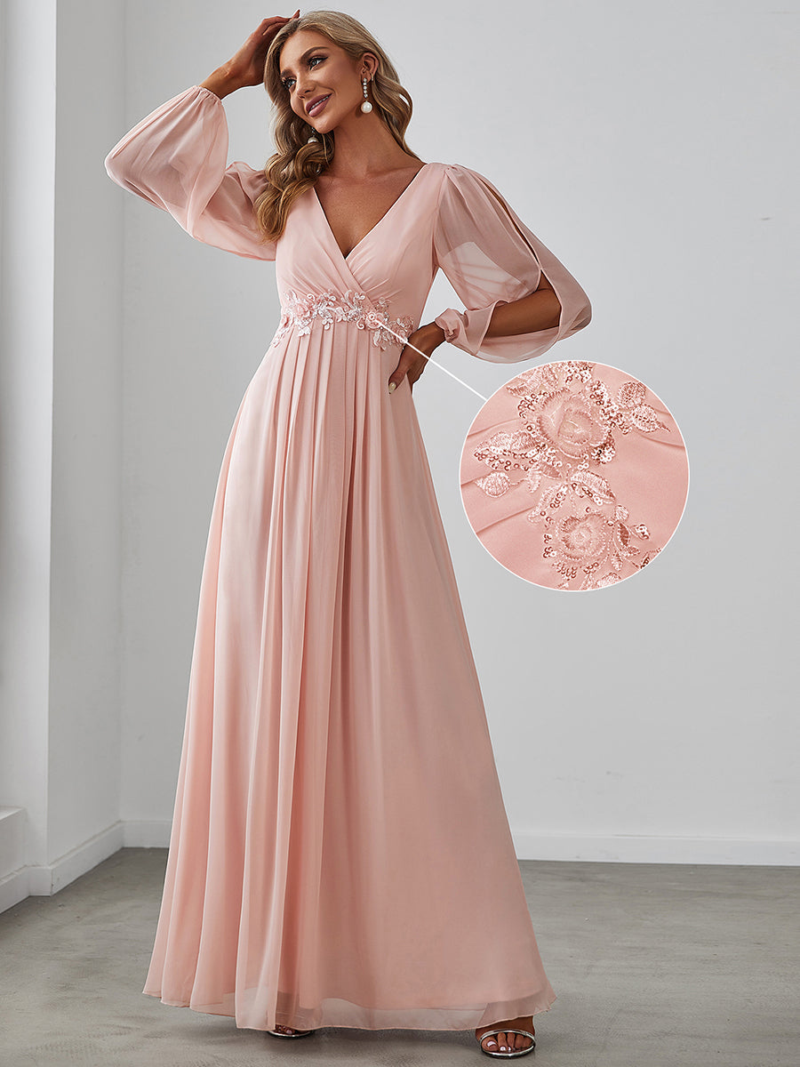 ever AMOUR|Elegant Chiffon V-Neckline Long Sleeve Wedding Guest Dress