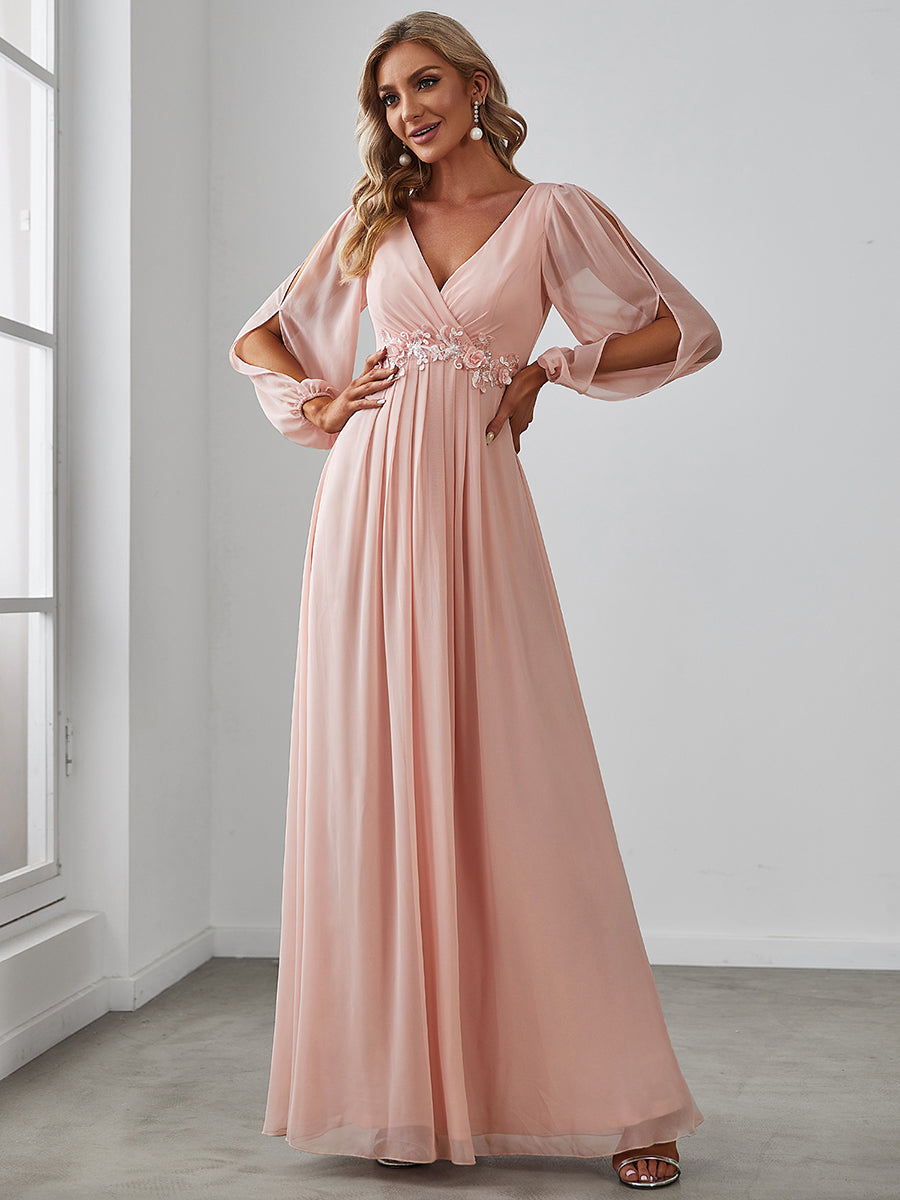 ever AMOUR|Elegant Chiffon V-Neckline Long Sleeve Wedding Guest Dress