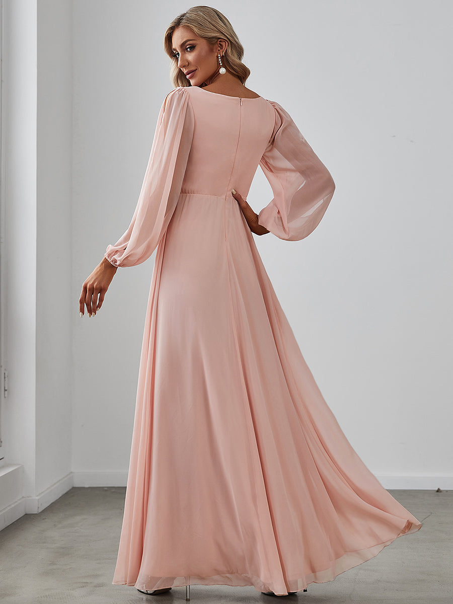 ever AMOUR|Elegant Chiffon V-Neckline Long Sleeve Wedding Guest Dress