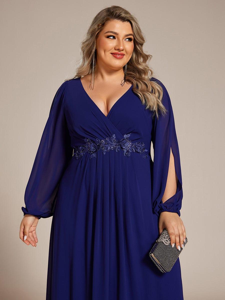 ever AMOUR|Elegant Chiffon V-Neckline Long Sleeve Wedding Guest Dress