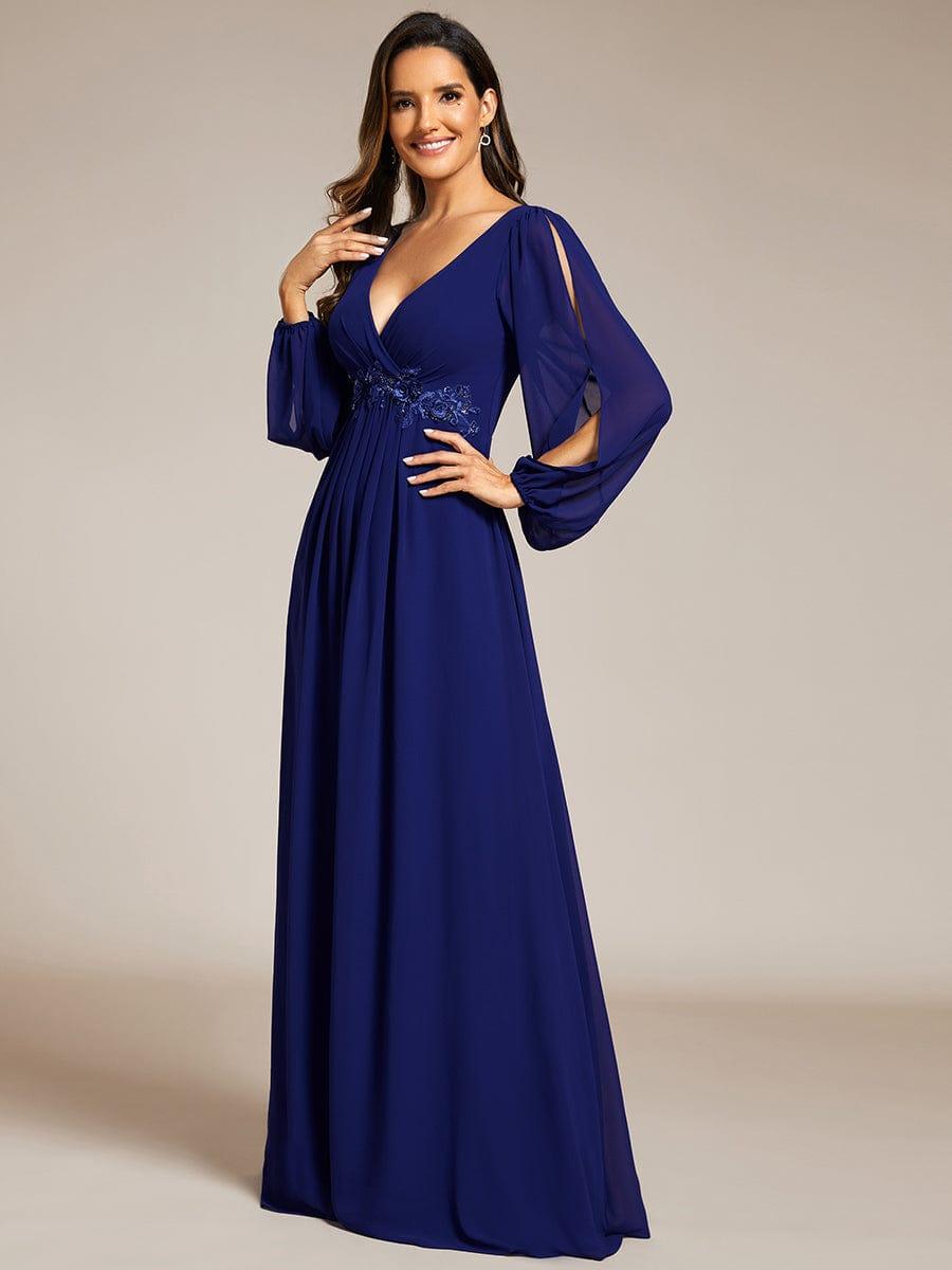 ever AMOUR|Elegant Chiffon V-Neckline Long Sleeve Wedding Guest Dress
