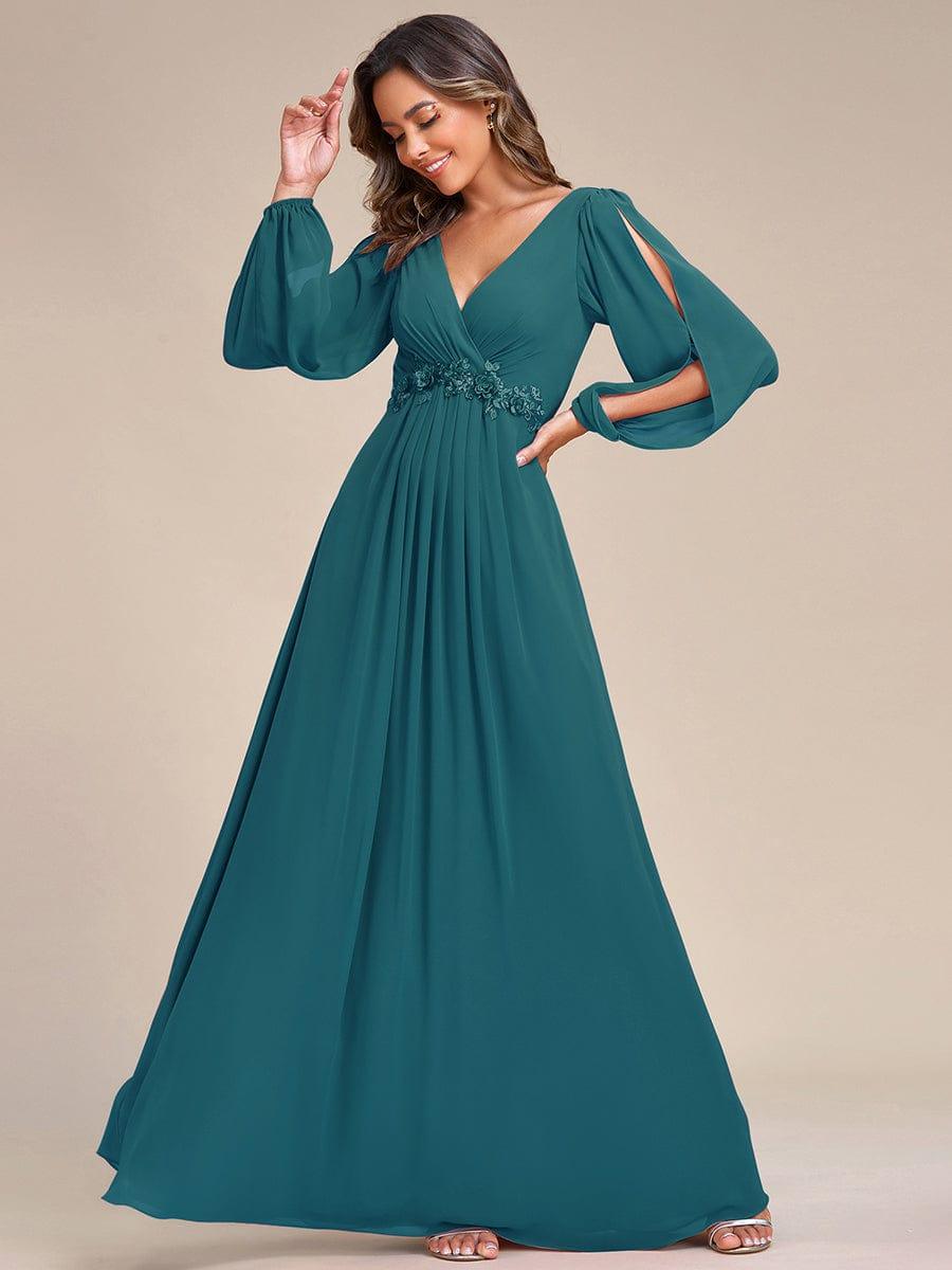 ever AMOUR|Elegant Chiffon V-Neckline Long Sleeve Wedding Guest Dress