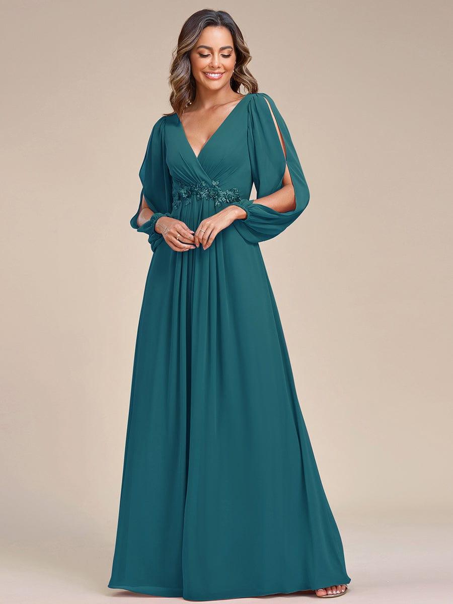 ever AMOUR|Elegant Chiffon V-Neckline Long Sleeve Wedding Guest Dress
