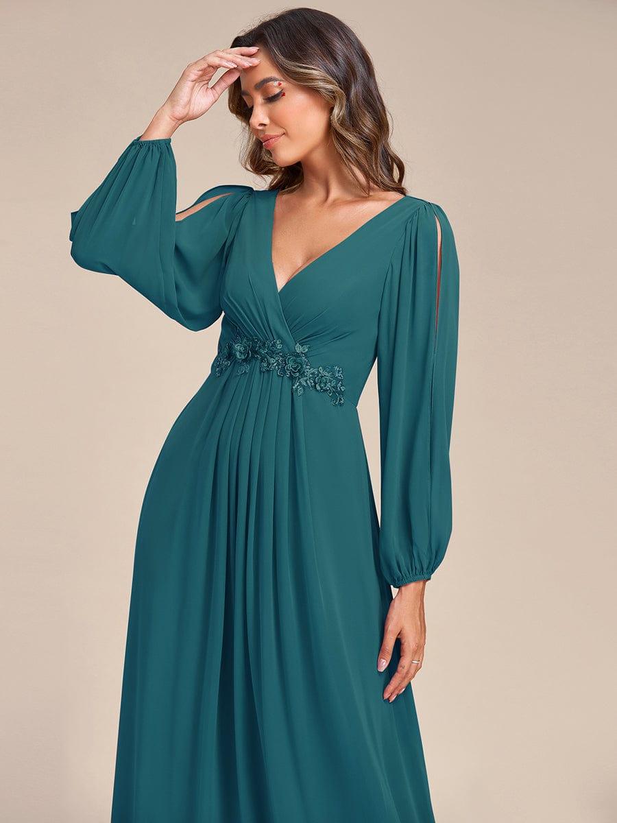 ever AMOUR|Elegant Chiffon V-Neckline Long Sleeve Wedding Guest Dress