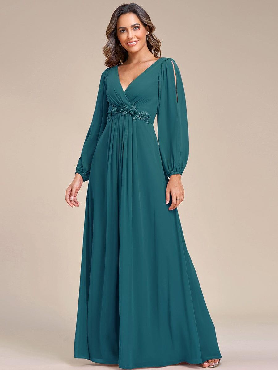 ever AMOUR|Elegant Chiffon V-Neckline Long Sleeve Wedding Guest Dress