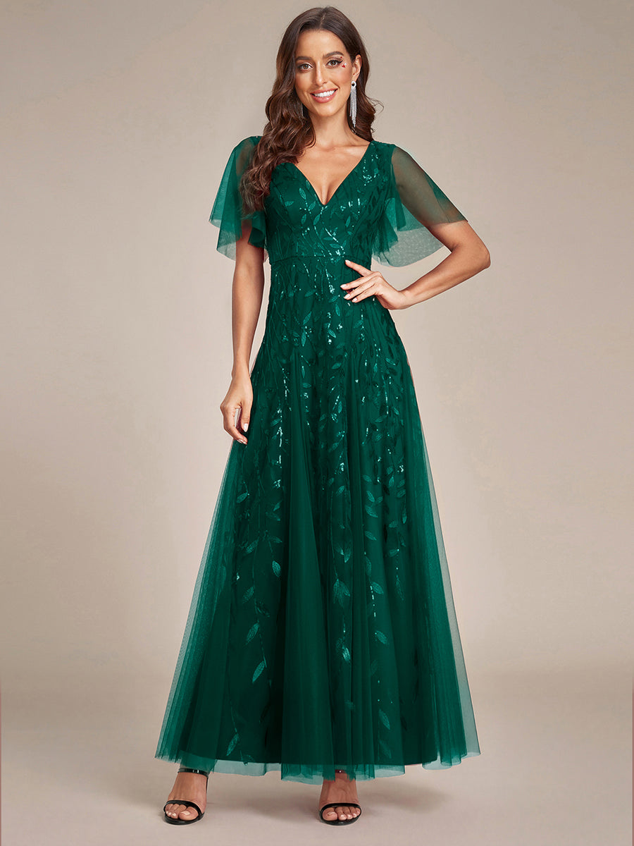 ever ASTRAL|Elegant Ruffle Sleeves Maxi Sequin Mother of the Bride Dress