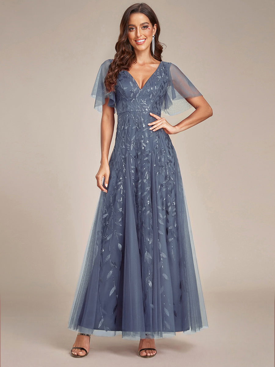 ever ASTRAL|Elegant Ruffle Sleeves Maxi Sequin Mother of the Bride Dress