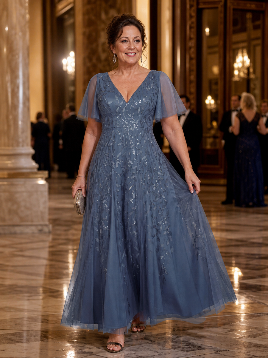 ever ASTRAL|Shimmery Ruffle Sleeves Maxi Sequin Evening Dress