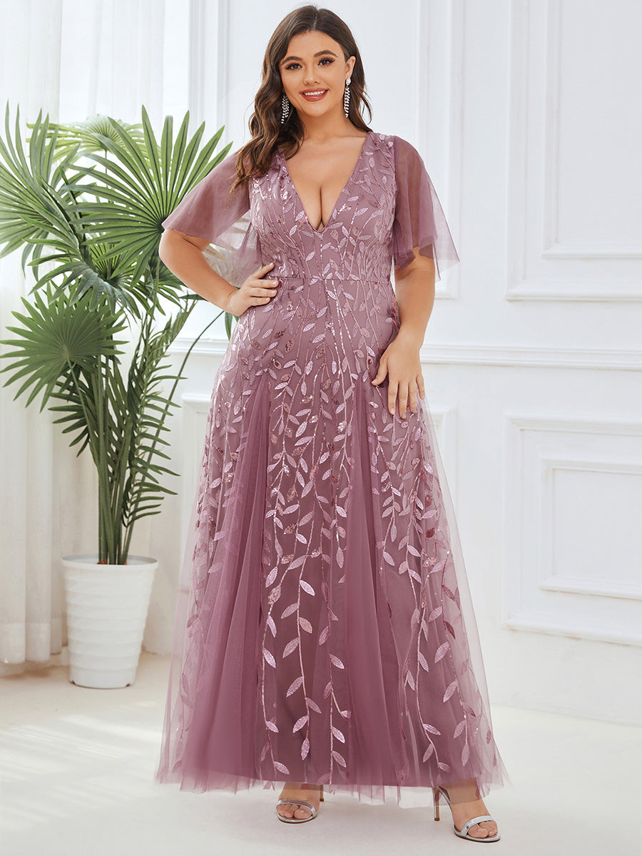 ever ASTRAL|Elegant Ruffle Sleeves Maxi Sequin Mother of the Bride Dress