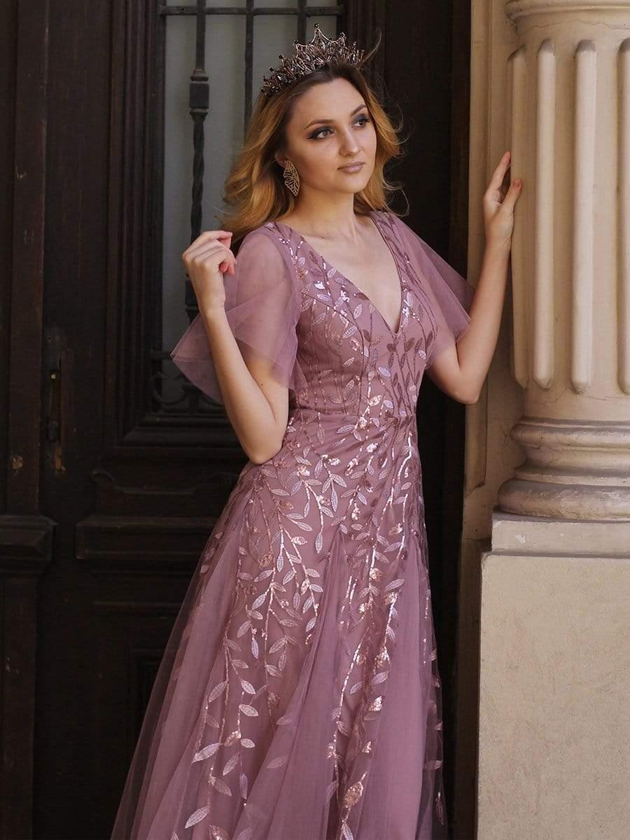 ever ASTRAL|Elegant Ruffle Sleeves Maxi Sequin Mother of the Bride Dress